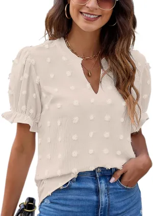 Blooming Jelly Women's Puff Sleeve Casual Tops Fashion White Polka Dot Blouses Dressy Ladies Summer Tops