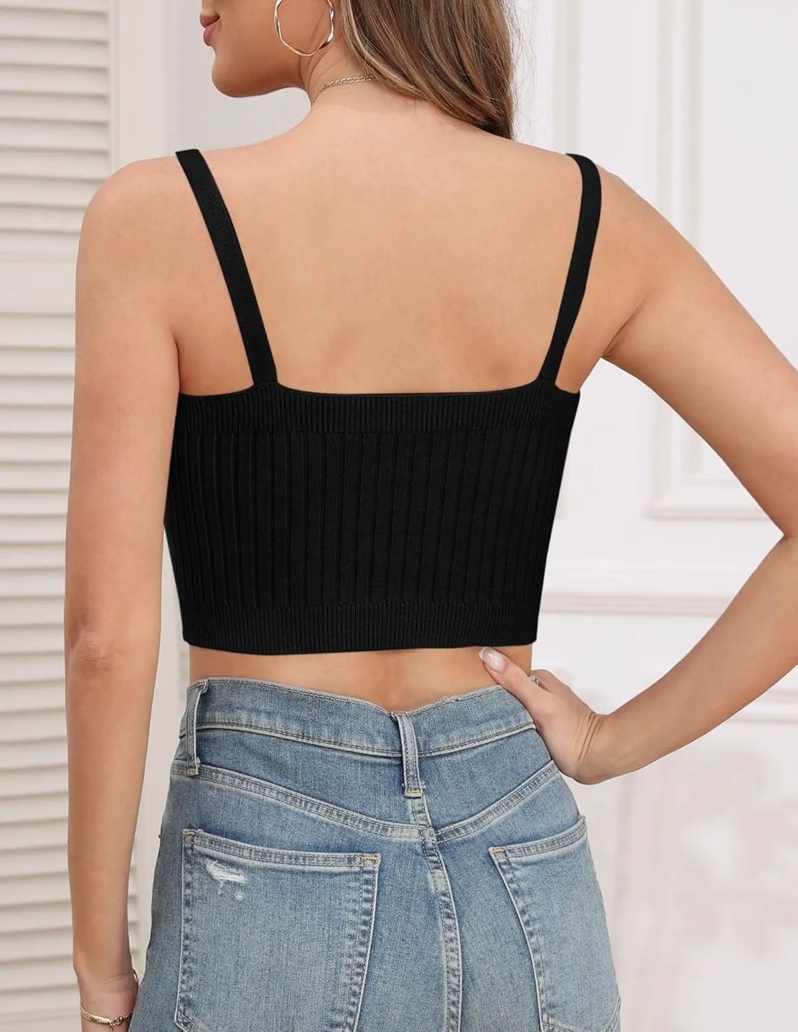 Bluetime Women's Summer Ribbed Knit Tops 2024 Sleeveless V Neck Cami Shirts Spaghetti Strap Basic Crop Tank Tops