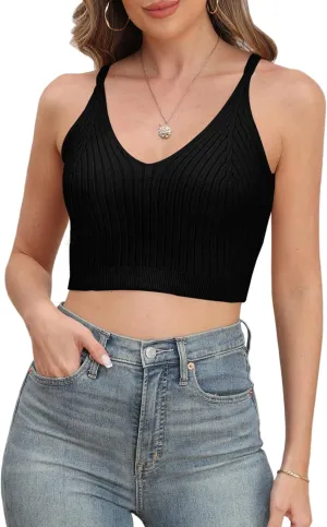 Bluetime Women's Summer Ribbed Knit Tops 2024 Sleeveless V Neck Cami Shirts Spaghetti Strap Basic Crop Tank Tops