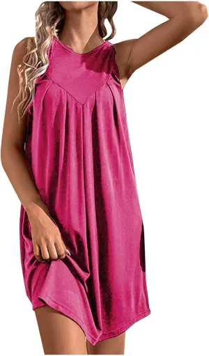 Boho Dresses for Women,2025 Trendy Crewneck Sleeveless Mini Dress Button Knit Color Block Short Dresses with Pockets
