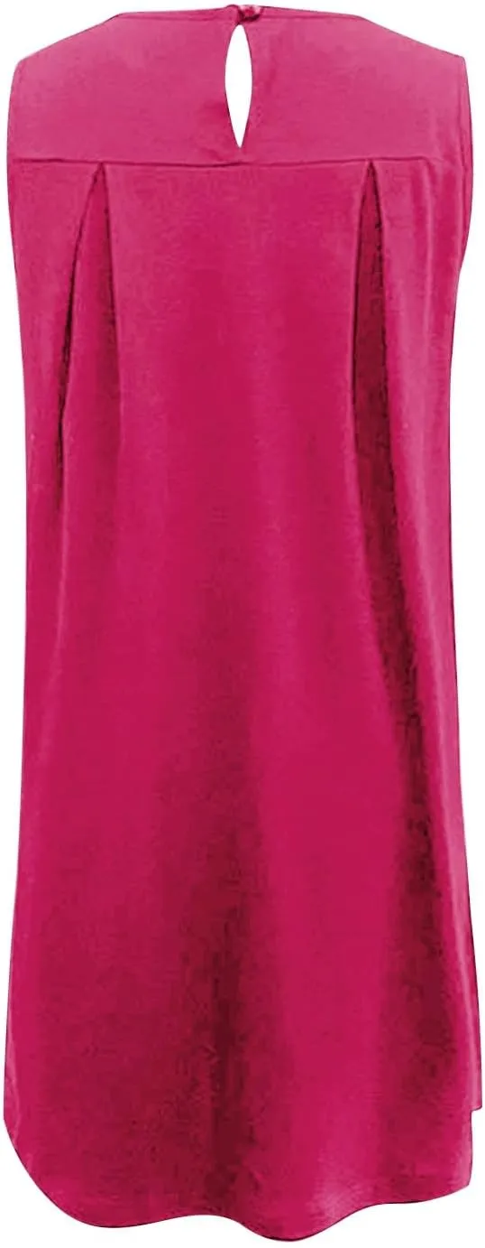 Boho Dresses for Women,2025 Trendy Crewneck Sleeveless Mini Dress Button Knit Color Block Short Dresses with Pockets
