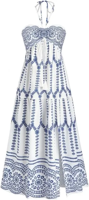Boho Maxi Dress Halter Tube Sleeveless Sundress Summer Vacation Beach Floral Dresses 2025 Halter Dresses for Women
