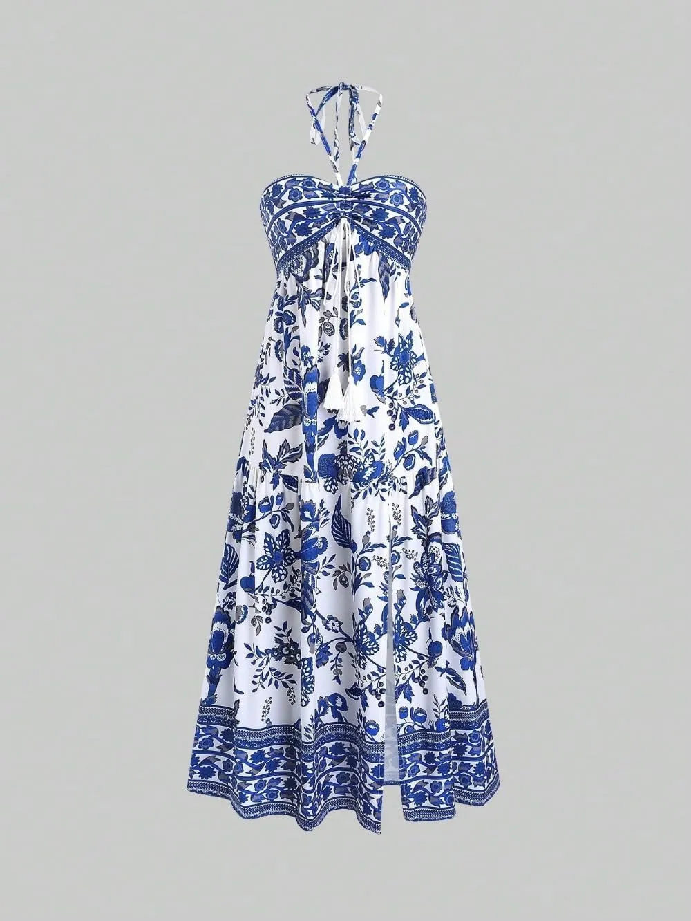 Boho Maxi Dress Halter Tube Sleeveless Sundress Summer Vacation Beach Floral Dresses 2025 Halter Dresses for Women