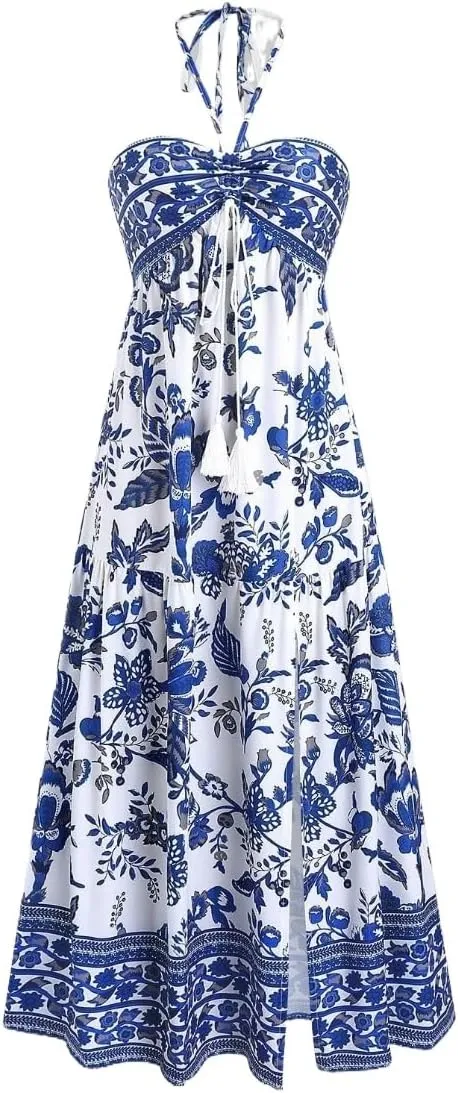 Boho Maxi Dress Halter Tube Sleeveless Sundress Summer Vacation Beach Floral Dresses 2025 Halter Dresses for Women