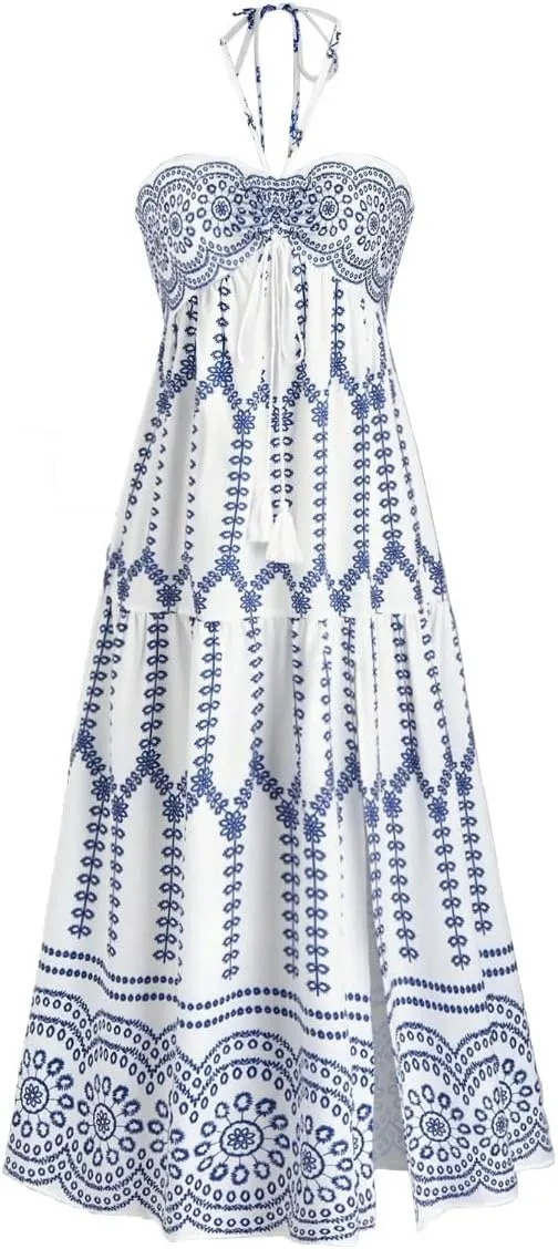 Boho Maxi Dress Halter Tube Sleeveless Sundress Summer Vacation Beach Floral Dresses 2025 Halter Dresses for Women