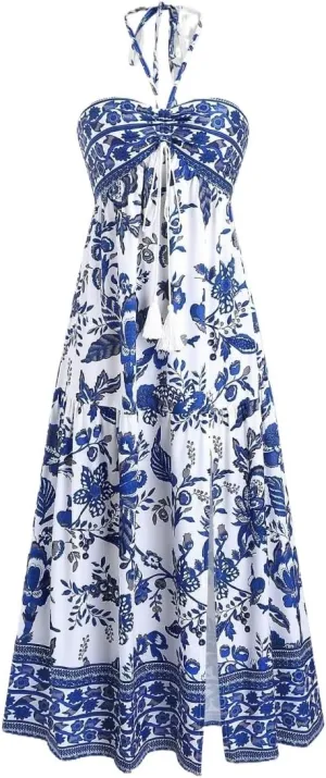 Boho Maxi Dress Halter Tube Sleeveless Sundress Summer Vacation Beach Floral Dresses 2025 Halter Dresses for Women