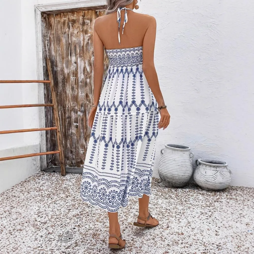 Boho Maxi Dress Halter Tube Sleeveless Sundress Summer Vacation Beach Floral Dresses 2025 Halter Dresses for Women