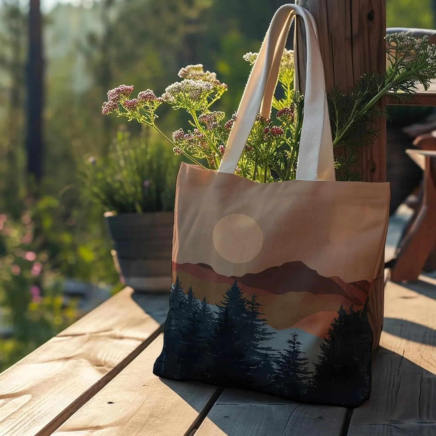 Boho Tote Bag Aesthetic, Minimalist Abstract Boho Terracotta Sun Sunshine Canvas Tote Bag for Women