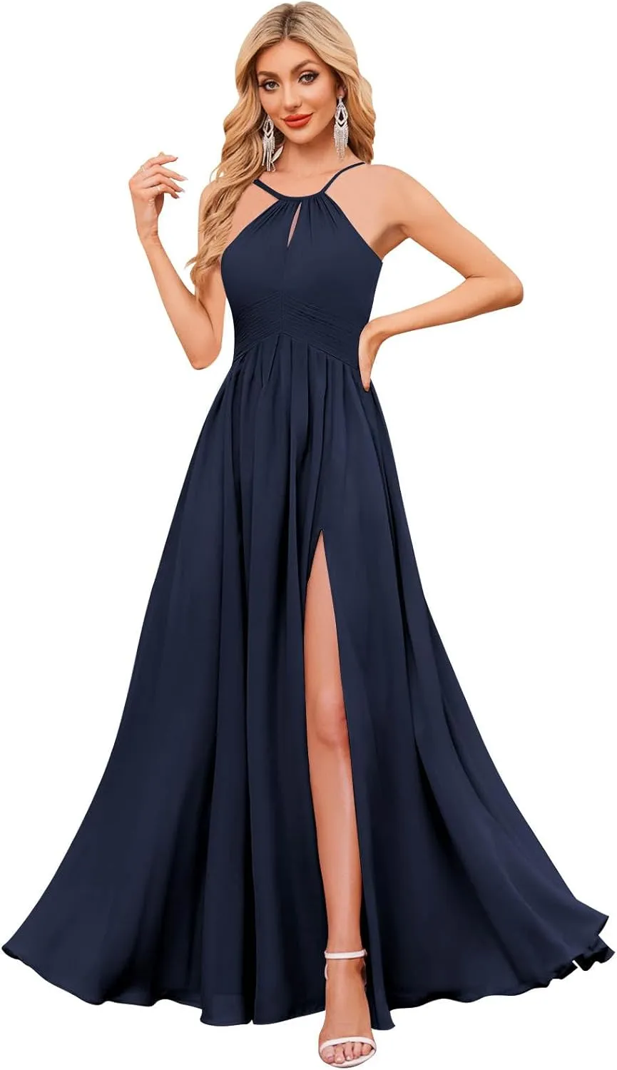 BOLENSYE Women's Halter Bridesmaid Dresses Long Chiffon Pleated Evening Party Gown A Line Wedding Guest Dress with Slit
