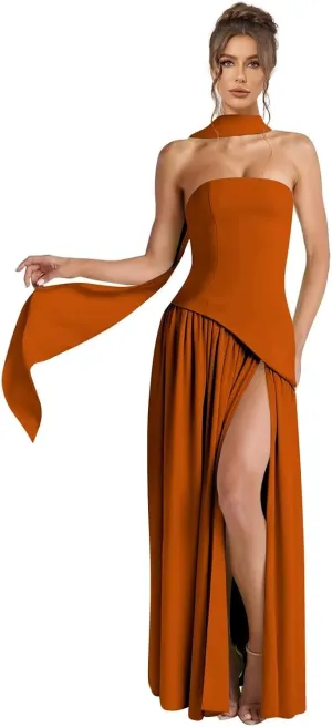 BOLENSYE Women's Halter Bridesmaid Dresses Long Chiffon Pleated Evening Party Gown A Line Wedding Guest Dress with Slit
