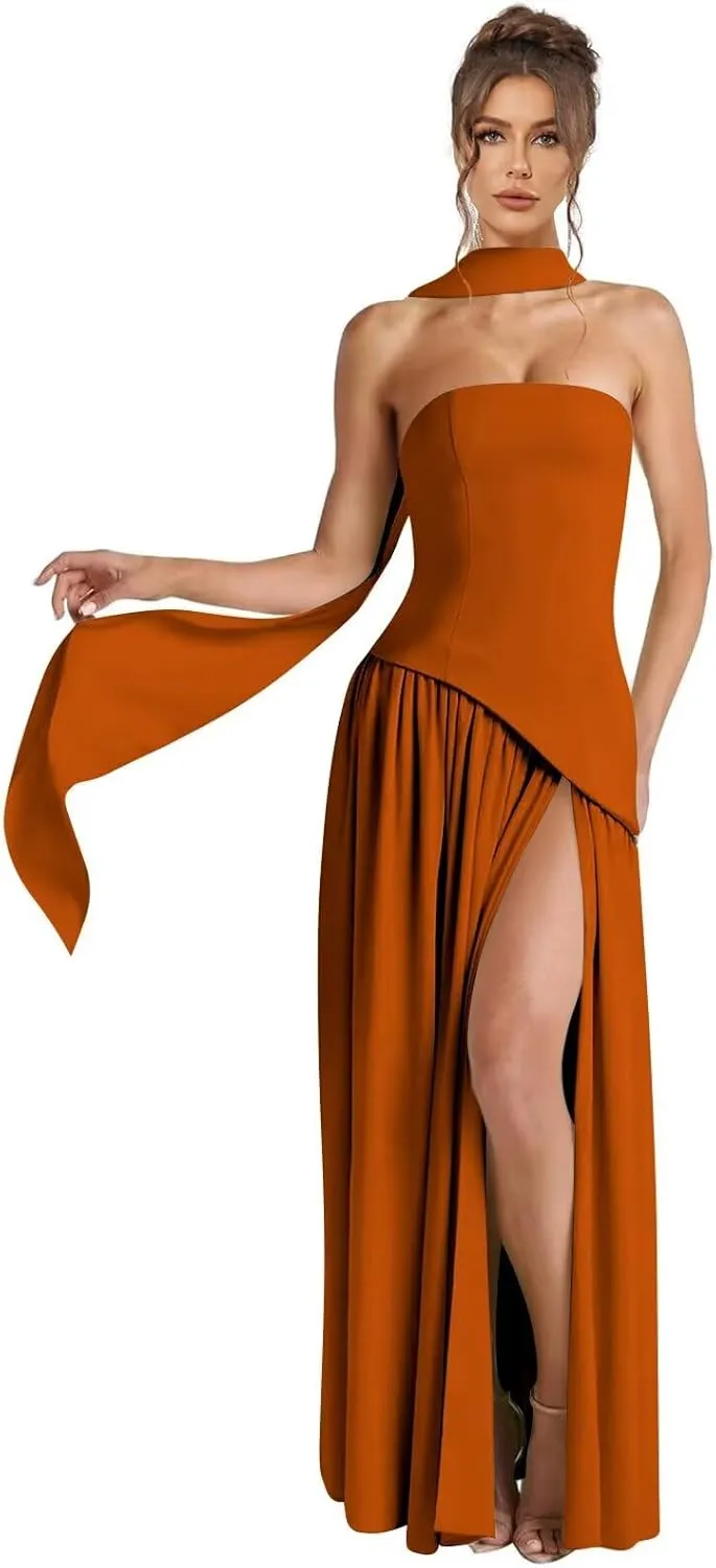 BOLENSYE Women's Halter Bridesmaid Dresses Long Chiffon Pleated Evening Party Gown A Line Wedding Guest Dress with Slit