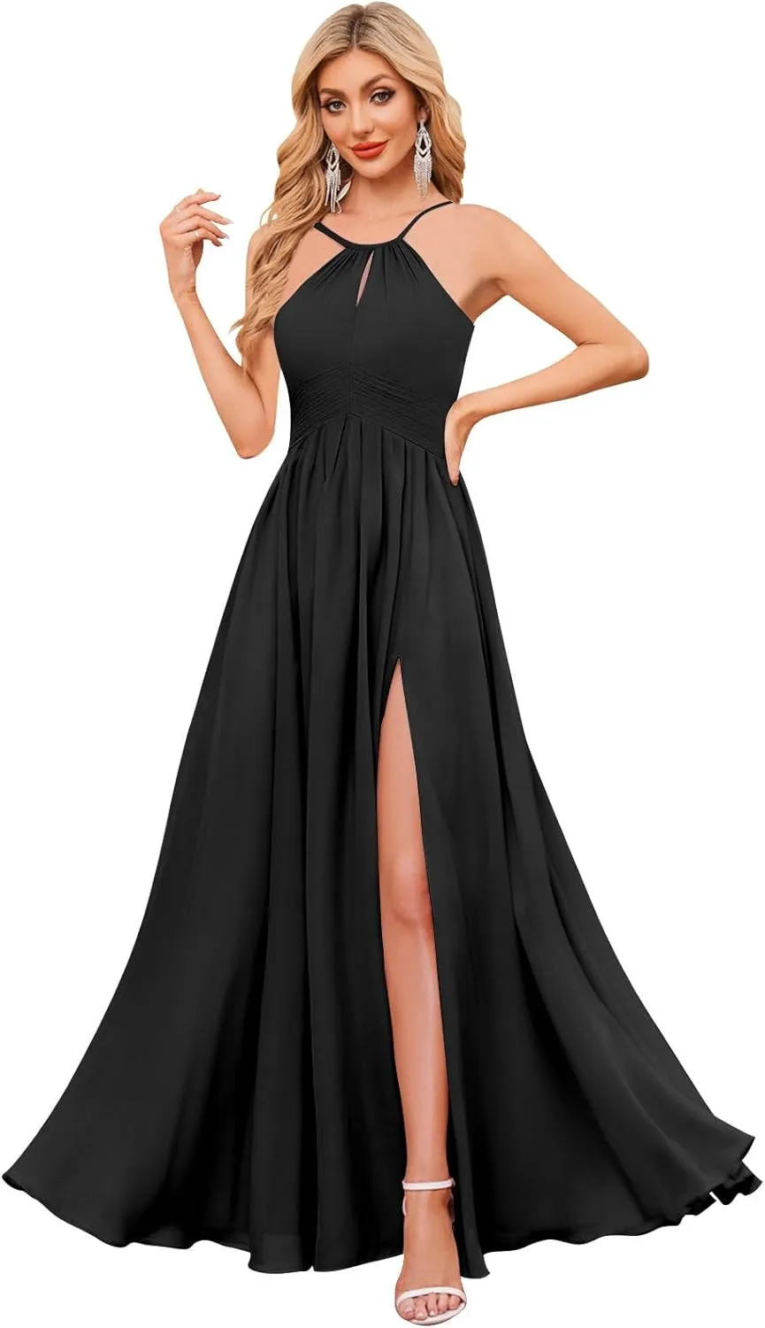 BOLENSYE Women's Halter Bridesmaid Dresses Long Chiffon Pleated Evening Party Gown A Line Wedding Guest Dress with Slit