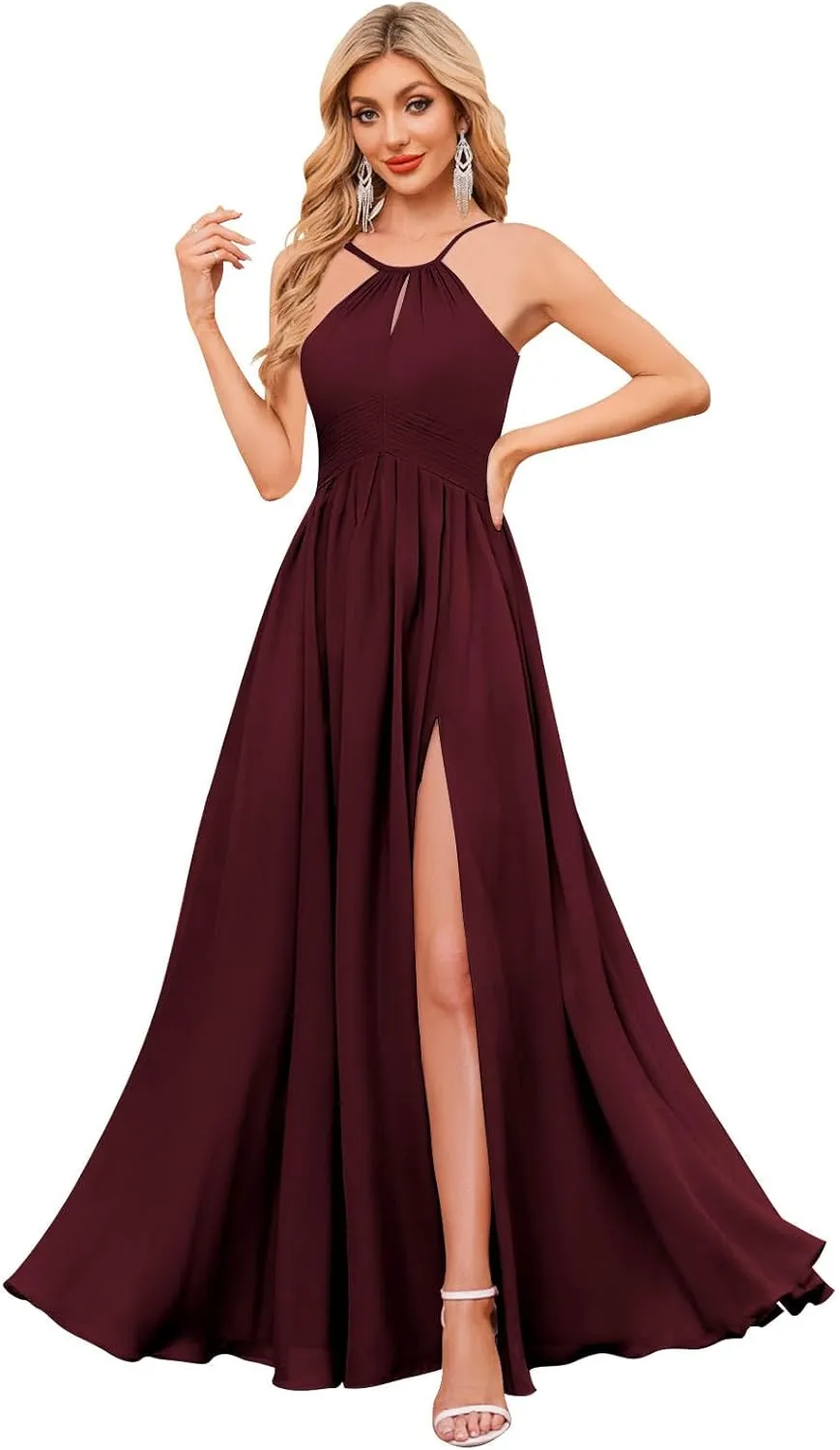 BOLENSYE Women's Halter Bridesmaid Dresses Long Chiffon Pleated Evening Party Gown A Line Wedding Guest Dress with Slit
