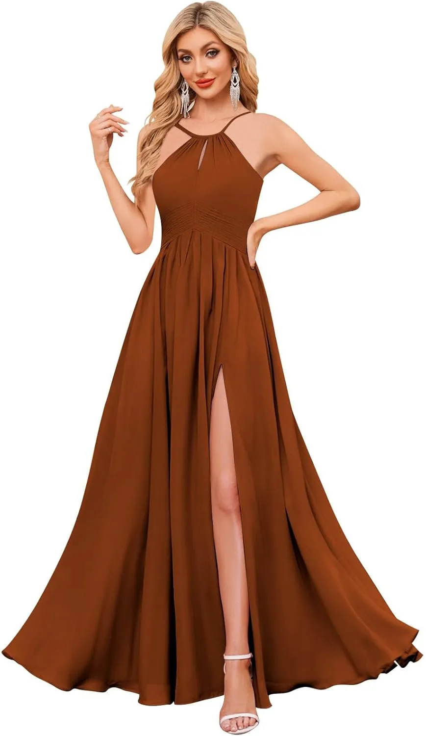 BOLENSYE Women's Halter Bridesmaid Dresses Long Chiffon Pleated Evening Party Gown A Line Wedding Guest Dress with Slit