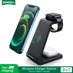 Bonola Qi 3 in 1 Wireless Charger Stand for Apple iPhone 12/11/XR/Xs/AirPods Pro/3/iWatch7 6 Phone Fast Wireles Charging Station