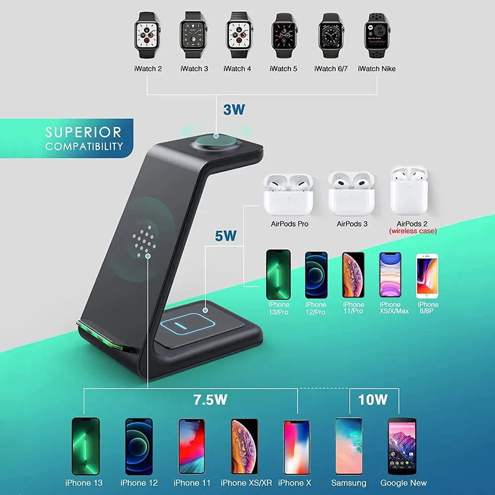 Bonola Qi 3 in 1 Wireless Charger Stand for Apple iPhone 12/11/XR/Xs/AirPods Pro/3/iWatch7 6 Phone Fast Wireles Charging Station