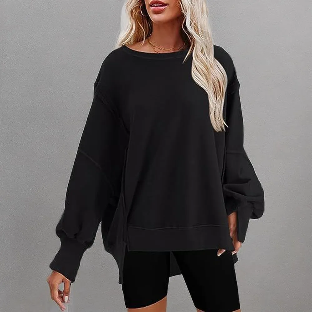 Bornpom Oversized Sweatshirt Crewneck Sweatshirts Long Sleeve Shirts Slit Pullover Top Solid Color Preppy Clothes