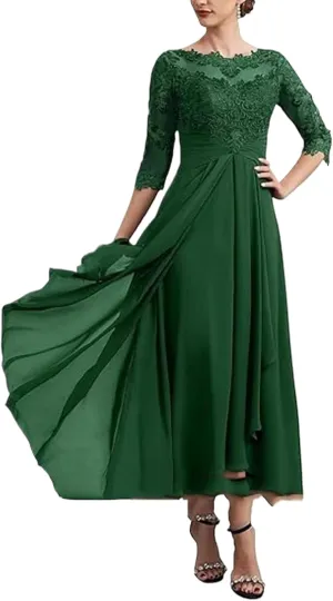 Bride Dresses for Wedding 3/4 Sleeves Formal Dress Chiffon Evening Gown Applique Lace Up