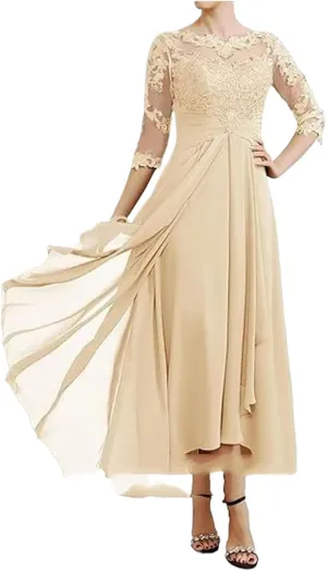Bride Dresses for Wedding 3/4 Sleeves Formal Dress Chiffon Evening Gown Applique Lace Up