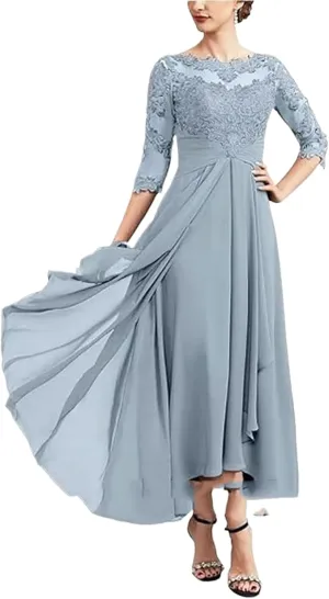 Bride Dresses for Wedding 3/4 Sleeves Formal Dress Chiffon Evening Gown Applique Lace Up
