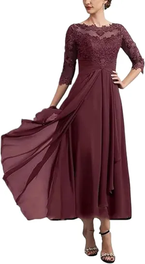 Bride Dresses for Wedding 3/4 Sleeves Formal Dress Chiffon Evening Gown Applique Lace Up