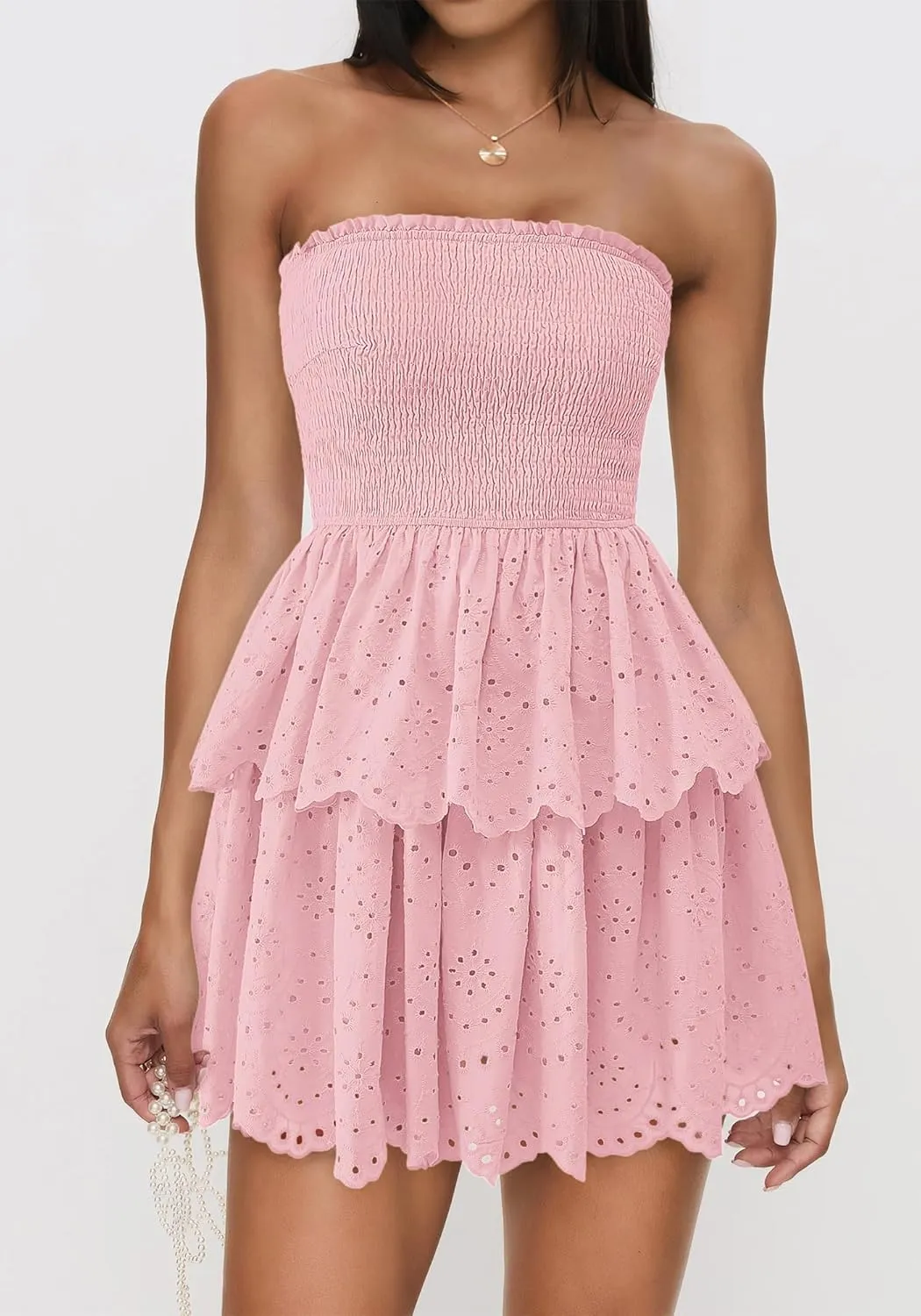 BTFBM Spring Dresses for Women 2025 Tube Strapless Mini Hollow Out Lace Wedding Guest Dress