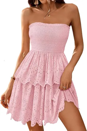 BTFBM Spring Dresses for Women 2025 Tube Strapless Mini Hollow Out Lace Wedding Guest Dress