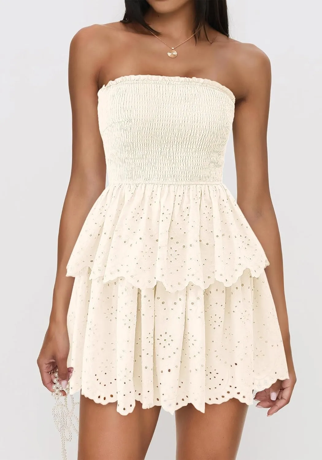 BTFBM Spring Dresses for Women 2025 Tube Strapless Mini Hollow Out Lace Wedding Guest Dress