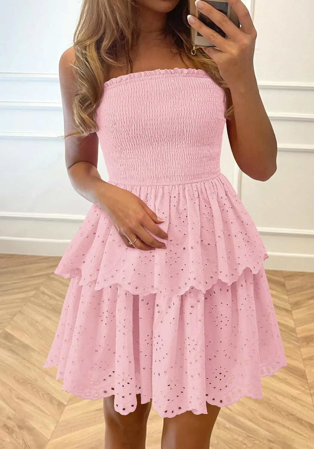 BTFBM Spring Dresses for Women 2025 Tube Strapless Mini Hollow Out Lace Wedding Guest Dress