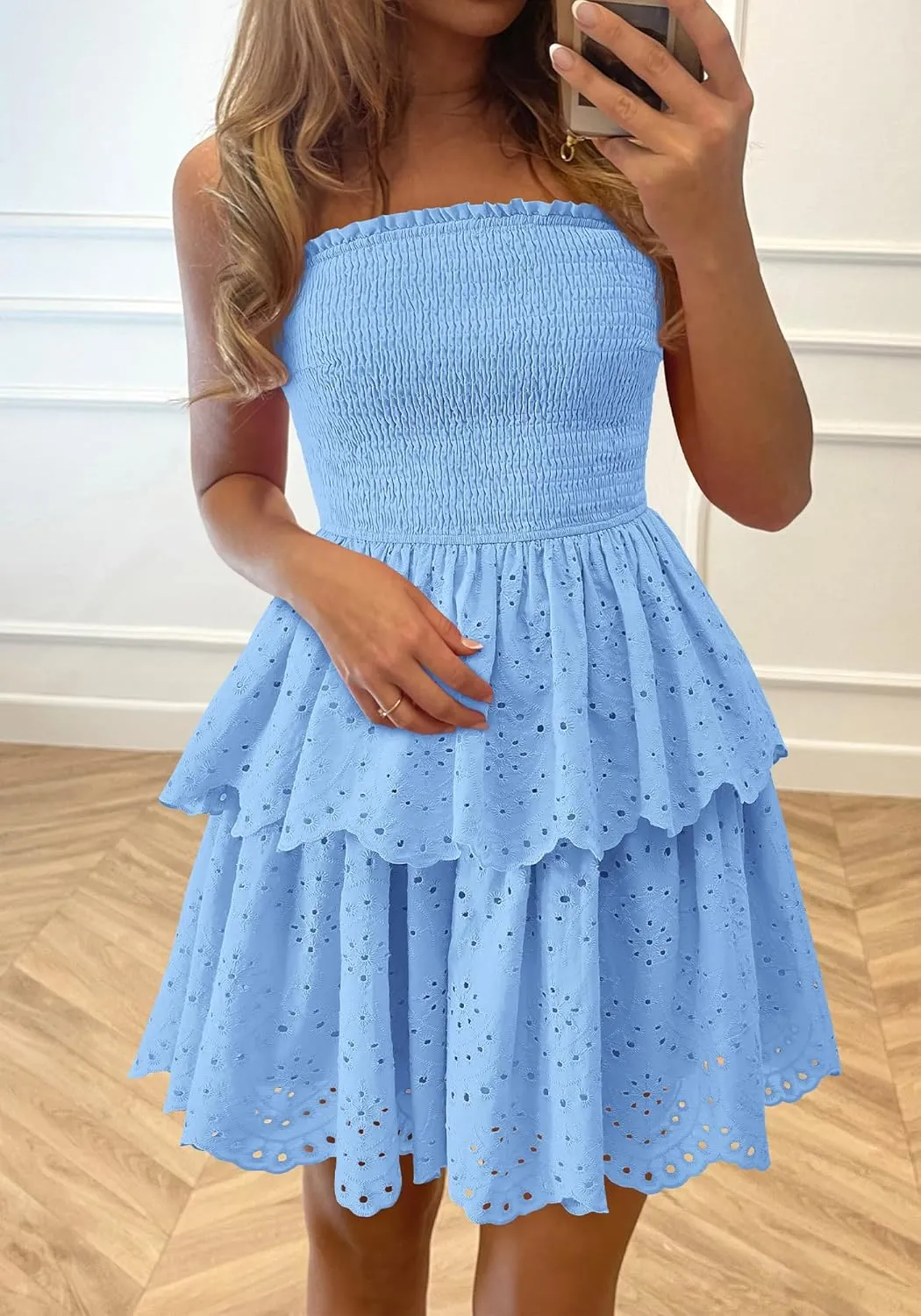 BTFBM Spring Dresses for Women 2025 Tube Strapless Mini Hollow Out Lace Wedding Guest Dress