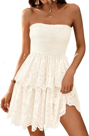 BTFBM Spring Dresses for Women 2025 Tube Strapless Mini Hollow Out Lace Wedding Guest Dress