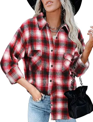 BTFBM Womens Plaid Jacket Long Sleeve Button Down Casual Flannel Shacket Shirts Loose Fall Spring Blouses Tops 2025