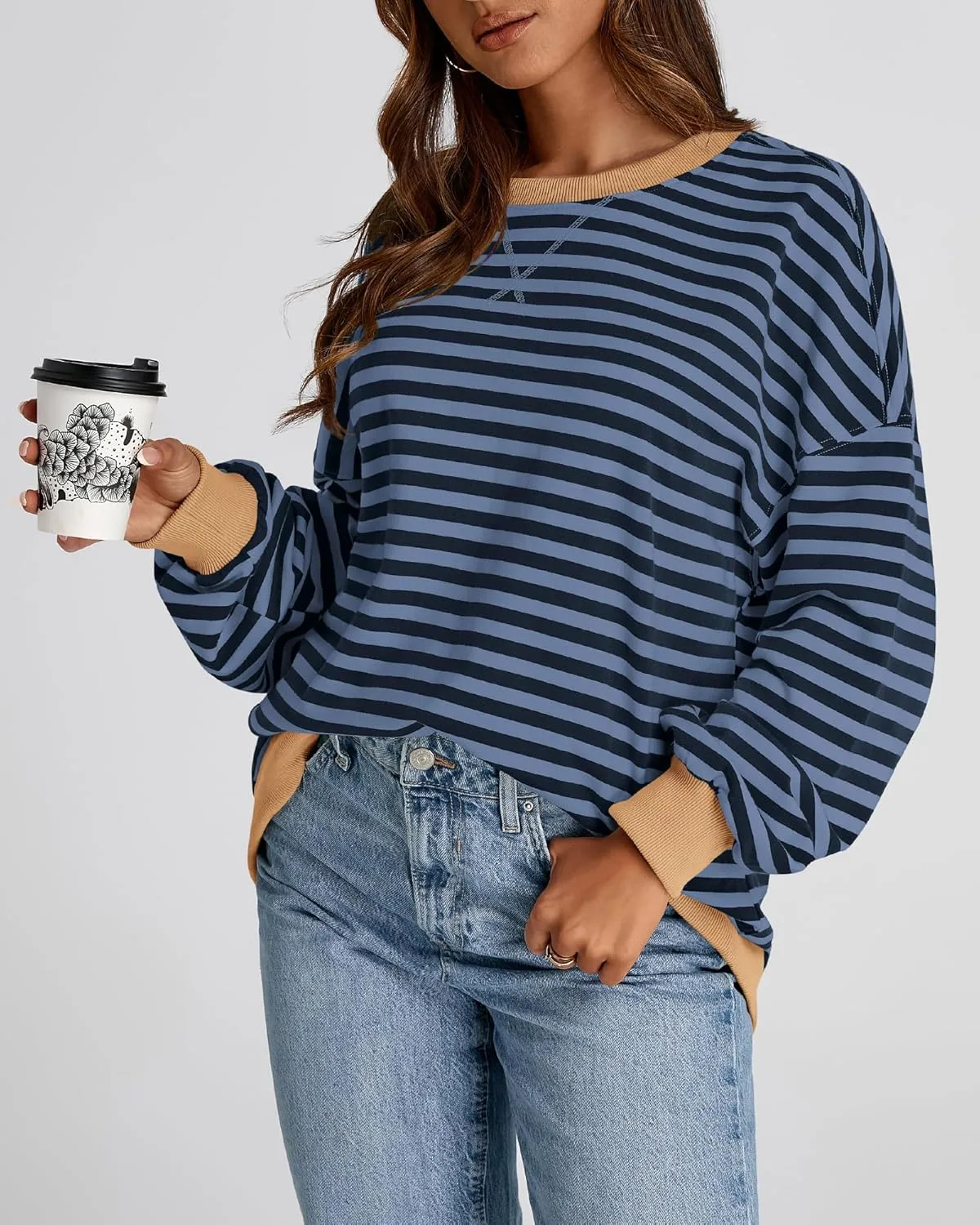 BTFBM Womens Striped Pullover Tops Spring Fall Clothes 2025 Long Sleeve Shirts Trendy Crew Neck Loose Y2K Sweatshirts