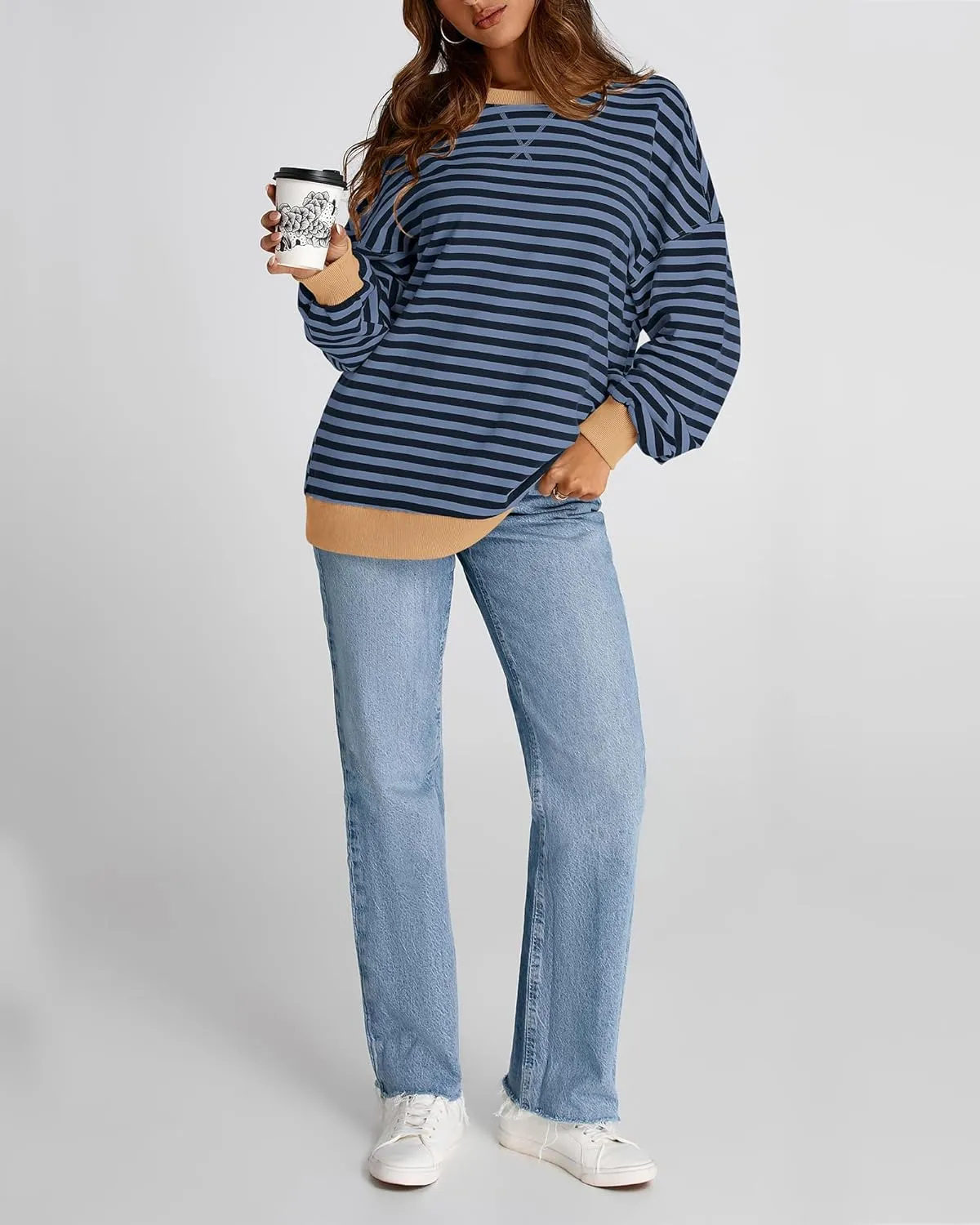 BTFBM Womens Striped Pullover Tops Spring Fall Clothes 2025 Long Sleeve Shirts Trendy Crew Neck Loose Y2K Sweatshirts