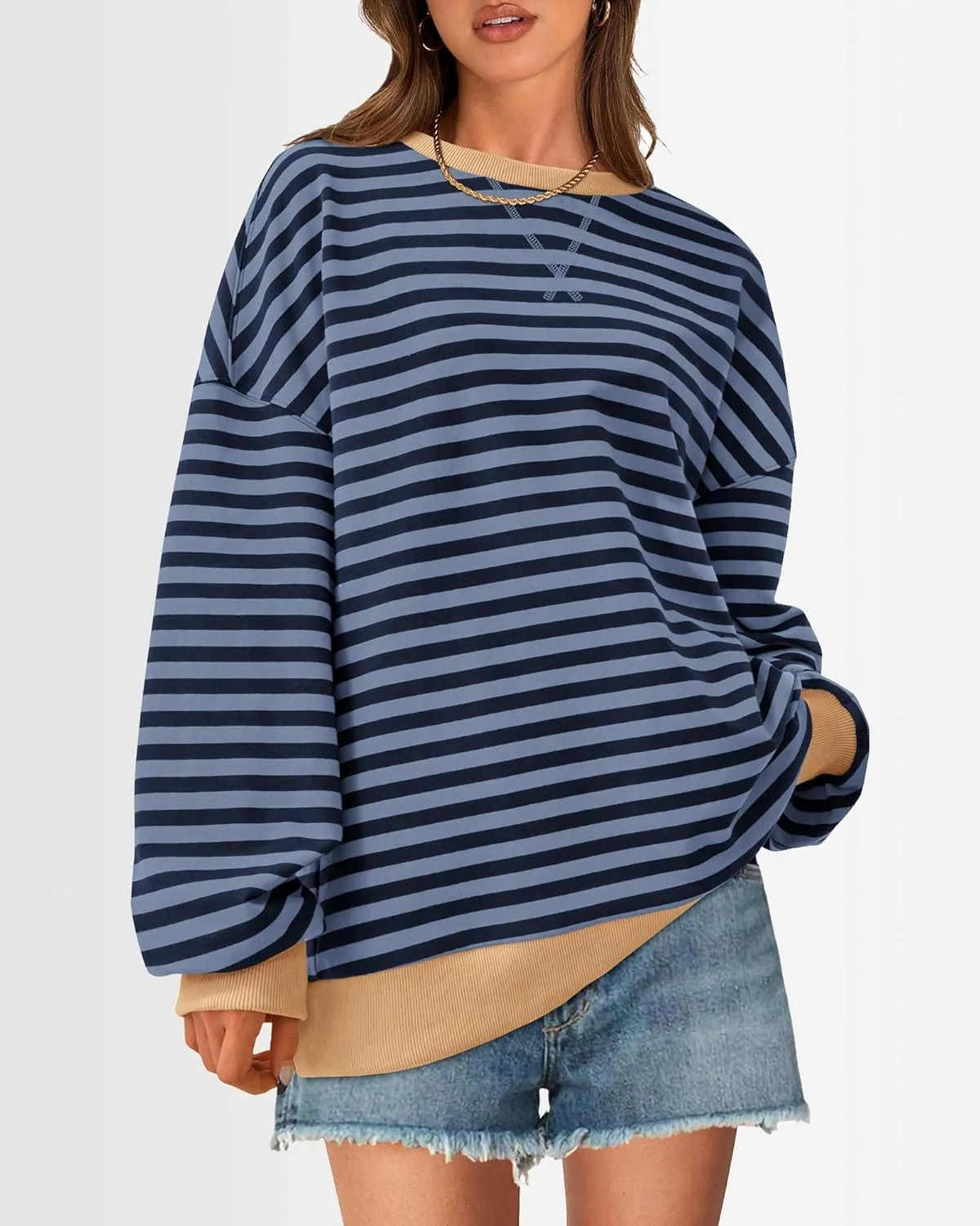 BTFBM Womens Striped Pullover Tops Spring Fall Clothes 2025 Long Sleeve Shirts Trendy Crew Neck Loose Y2K Sweatshirts