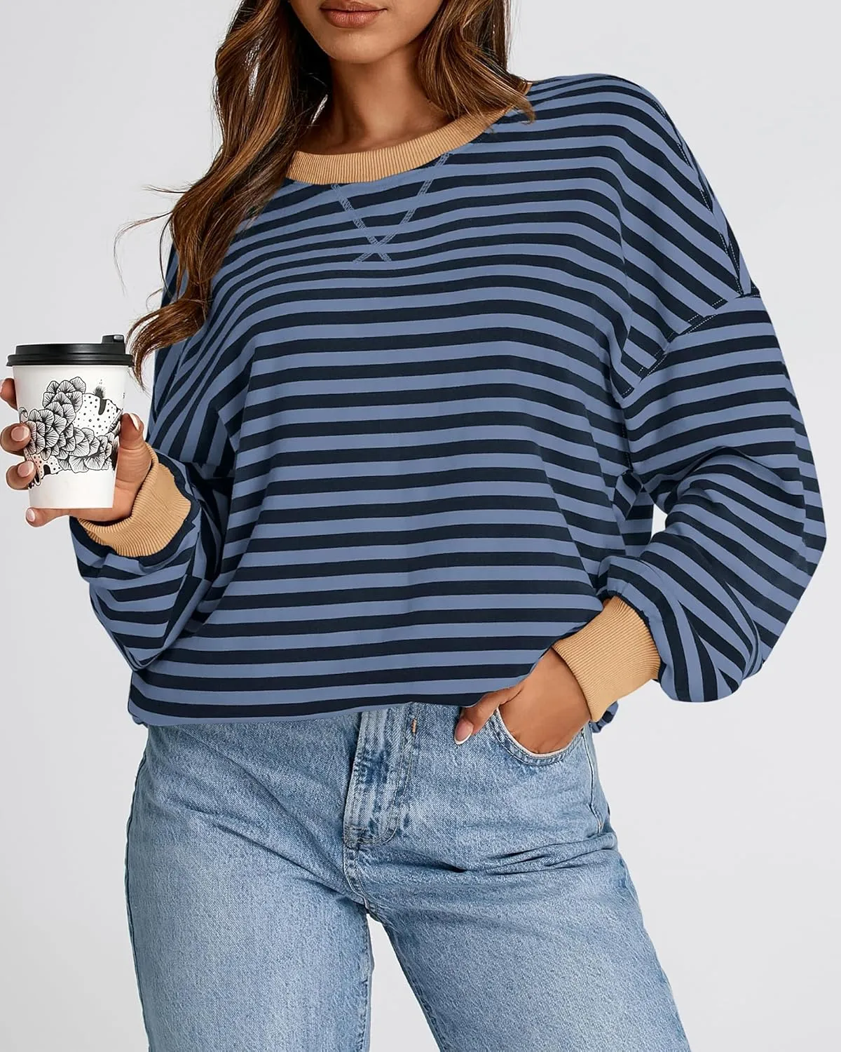 BTFBM Womens Striped Pullover Tops Spring Fall Clothes 2025 Long Sleeve Shirts Trendy Crew Neck Loose Y2K Sweatshirts