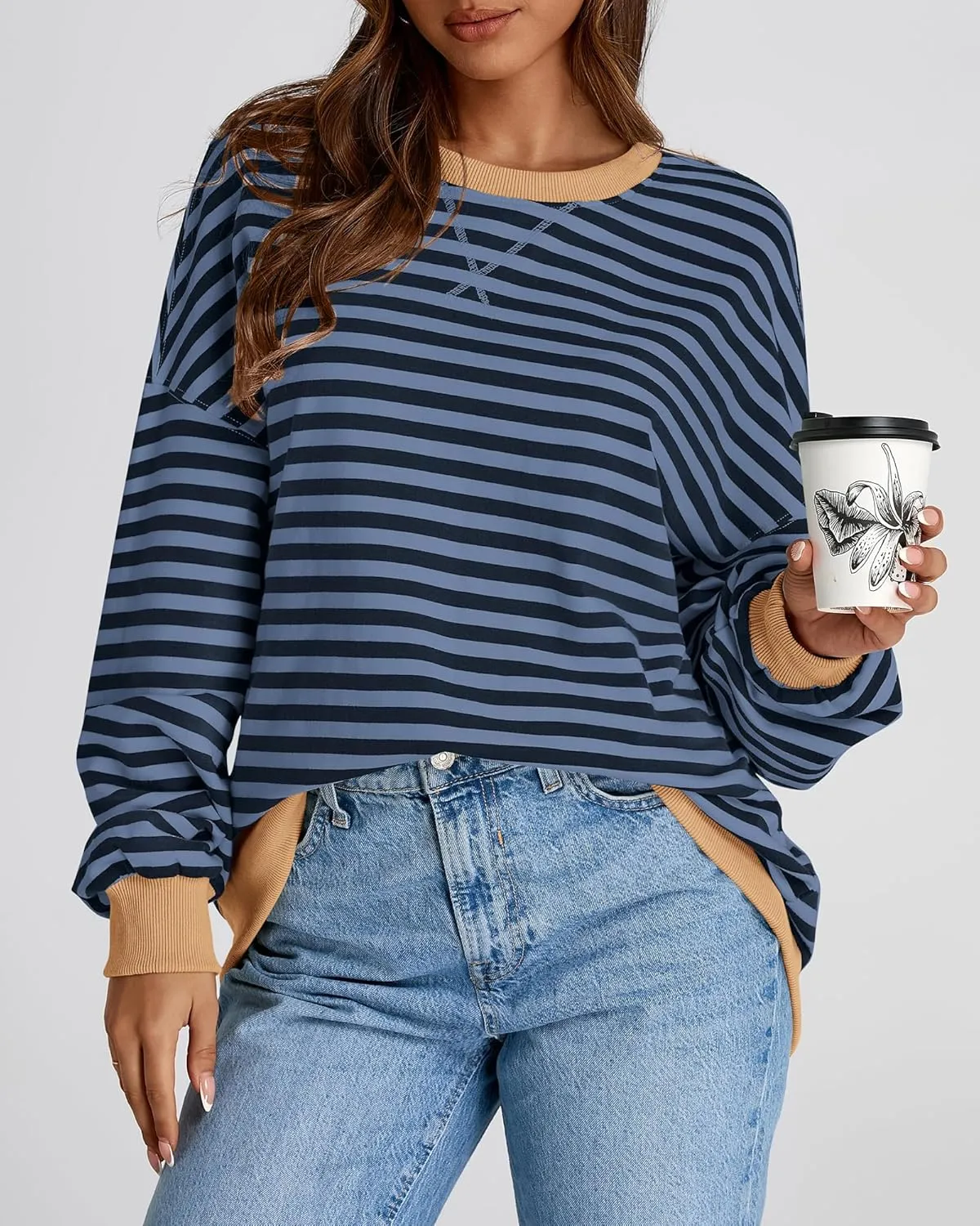 BTFBM Womens Striped Pullover Tops Spring Fall Clothes 2025 Long Sleeve Shirts Trendy Crew Neck Loose Y2K Sweatshirts