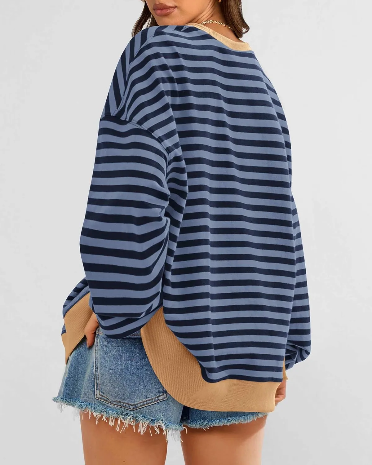BTFBM Womens Striped Pullover Tops Spring Fall Clothes 2025 Long Sleeve Shirts Trendy Crew Neck Loose Y2K Sweatshirts