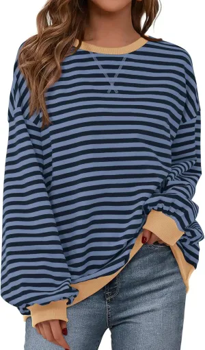 BTFBM Womens Striped Pullover Tops Spring Fall Clothes 2025 Long Sleeve Shirts Trendy Crew Neck Loose Y2K Sweatshirts