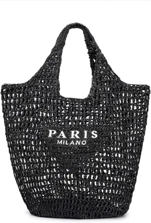 bufftieo Straw Woven Tote Bag for women,Mesh Hollow Woven Tote Bag, Beach,Hobo Women Bag,Large Shoulder Travel Tote Bag(D-black)