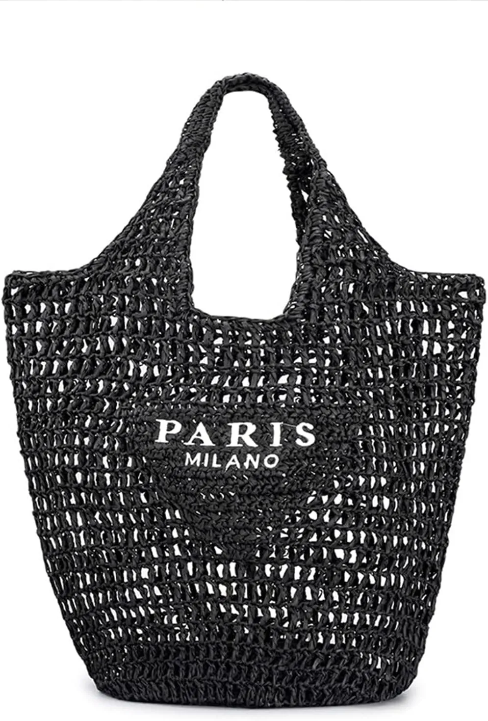 bufftieo Straw Woven Tote Bag for women,Mesh Hollow Woven Tote Bag, Beach,Hobo Women Bag,Large Shoulder Travel Tote Bag(D-black)