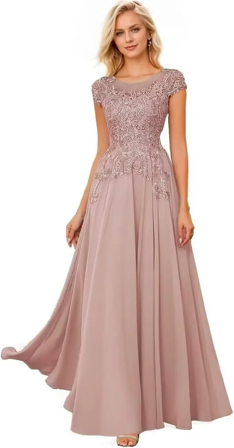 Cap Sleeves Mother of The Bride Dresses for Women Lace Applique Scoop Neck Mother of The Bride Dress for Wedding