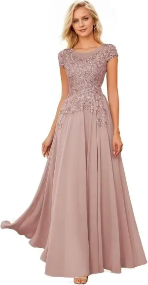 Cap Sleeves Mother of The Bride Dresses for Women Lace Applique Scoop Neck Mother of The Bride Dress for Wedding