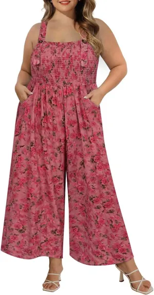 CARCOS Plus Size Jumpsuit for Curvy Women Summer Rompers Vacation Outfits Adjustable Sleeveless Wide Leg Overalls XL-5XL