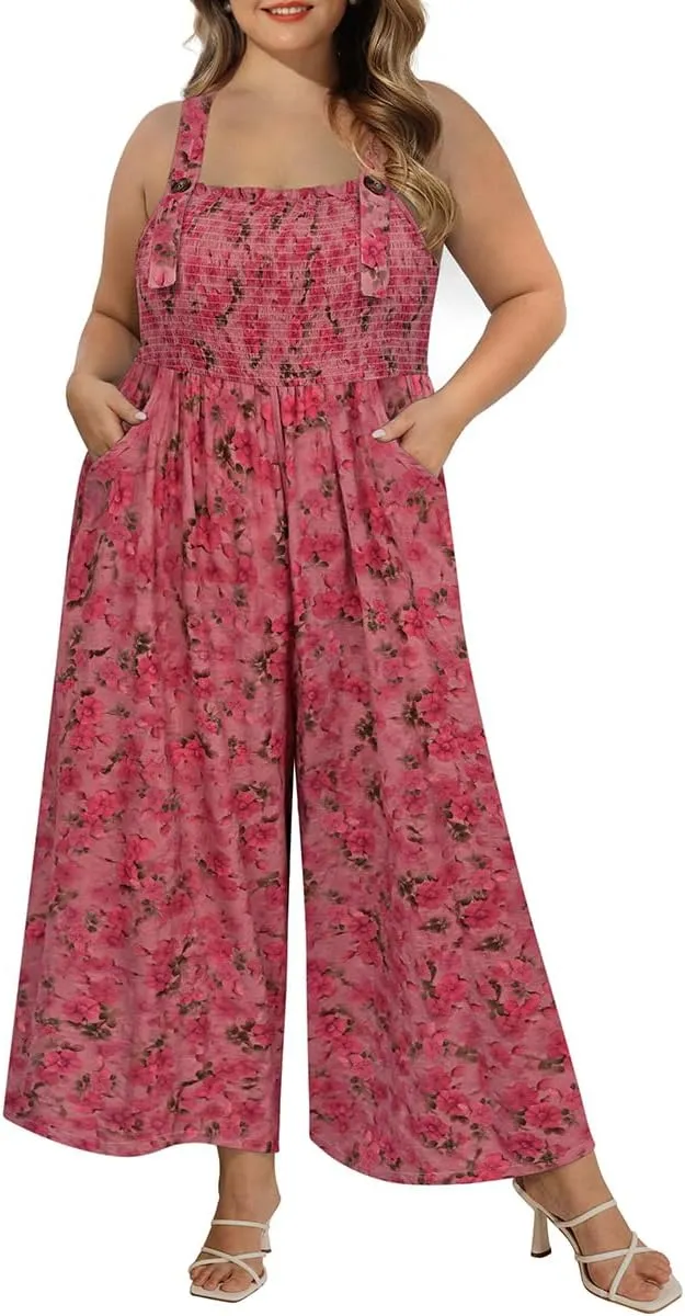 CARCOS Plus Size Jumpsuit for Curvy Women Summer Rompers Vacation Outfits Adjustable Sleeveless Wide Leg Overalls XL-5XL