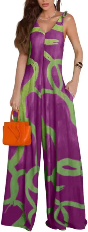 CHICME Womens Printed V Neck Sleeveless Jumpsuits Long Pants Overalls Beach Summer Jumpsuit with Pockets