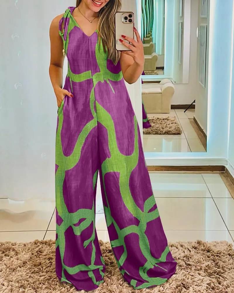 CHICME Womens Printed V Neck Sleeveless Jumpsuits Long Pants Overalls Beach Summer Jumpsuit with Pockets