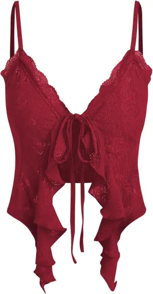CIDER Going Out Tops for Women Y2K Tie Front Asymmetrical Ruffle Hem Lace Spaghetti Strap Cowgirl Crop Tops