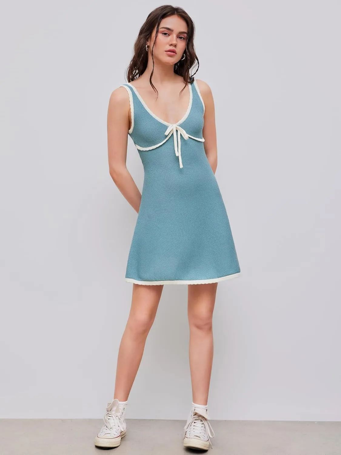 CIDER Knit Mini Dress V Neck Knotted Sleeveless Party Dress Middle Waist Dresses