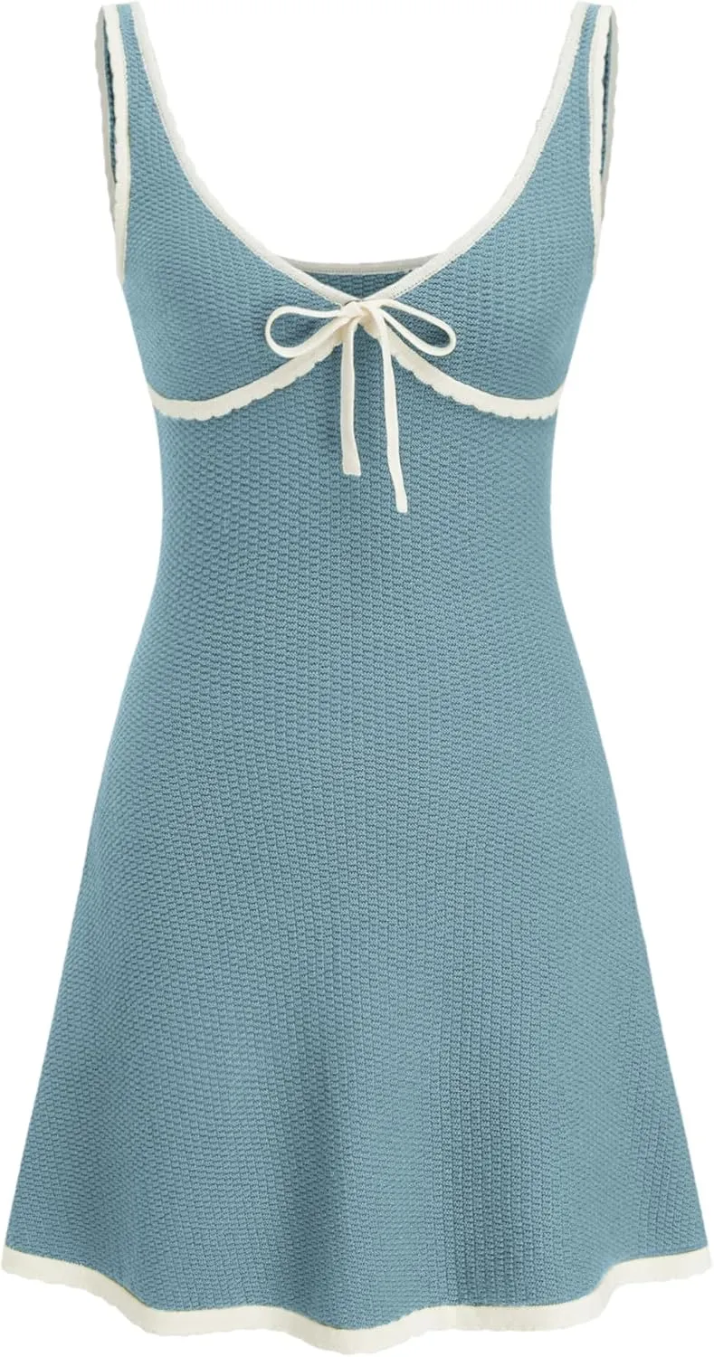 CIDER Knit Mini Dress V Neck Knotted Sleeveless Party Dress Middle Waist Dresses